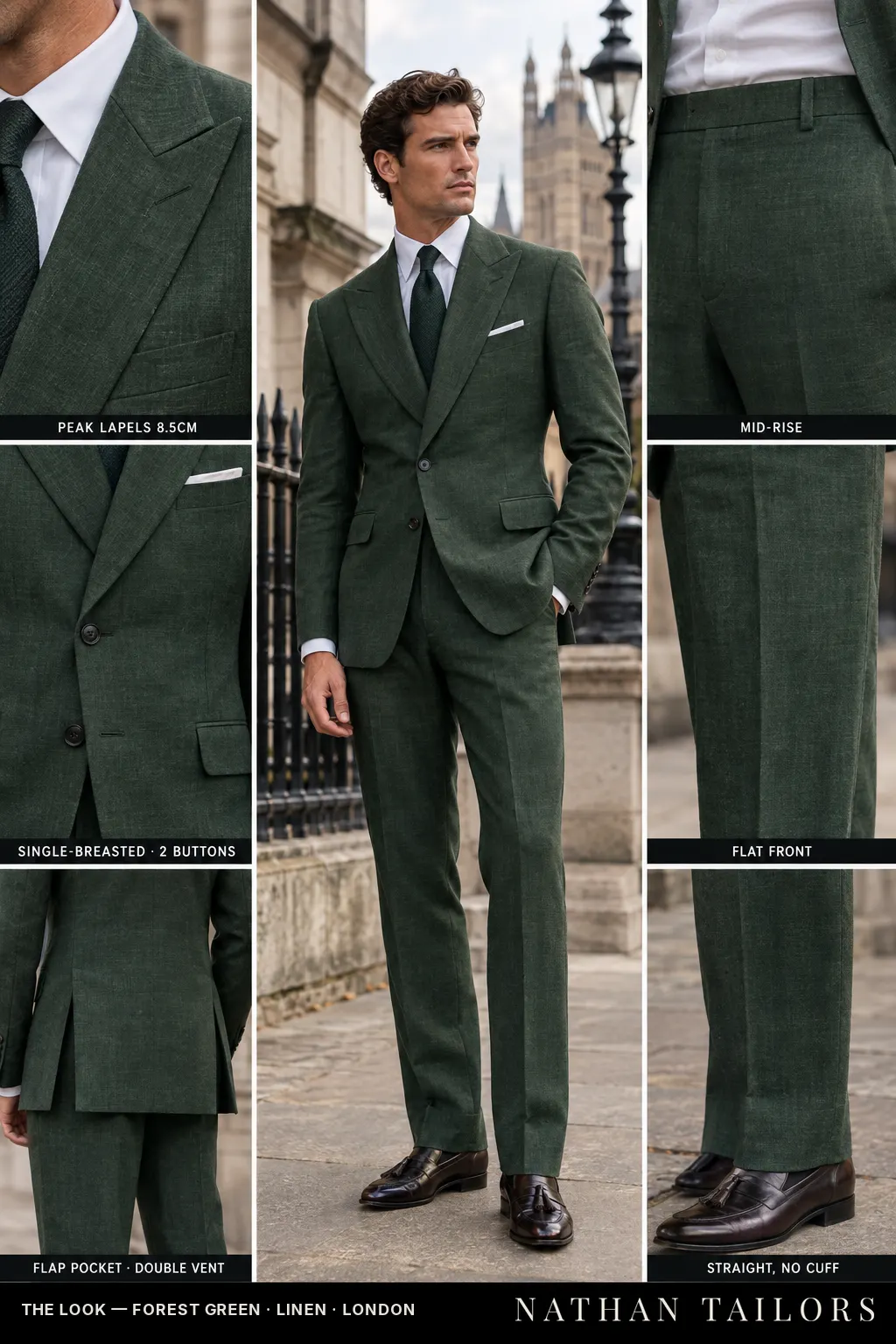 forest green single-breasted bespoke suit โ custom tailored by Nathan Tailors, the Hoi An custom tailor