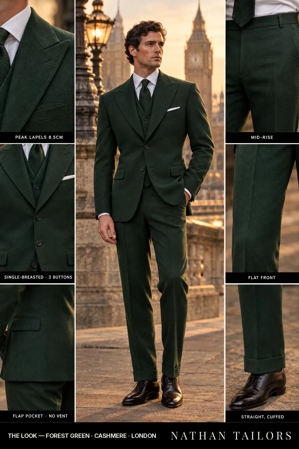 forest green single-breasted bespoke suit โ custom tailored by Nathan Tailors, the Hoi An custom tailor