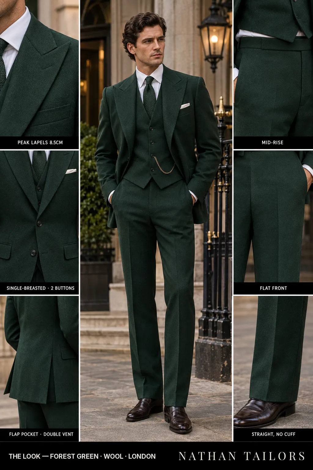 forest green single-breasted bespoke suit — custom tailored by Nathan Tailors, the Hoi An custom tailor