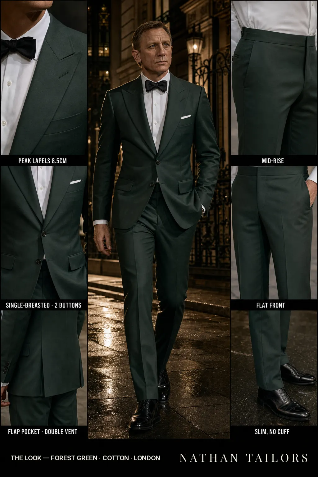 forest green single-breasted peak-lapel bespoke suit โ AI-rendered by Nathan Tailors, the Hoi An custom tailor. Available as a custom tailored suit from $149.