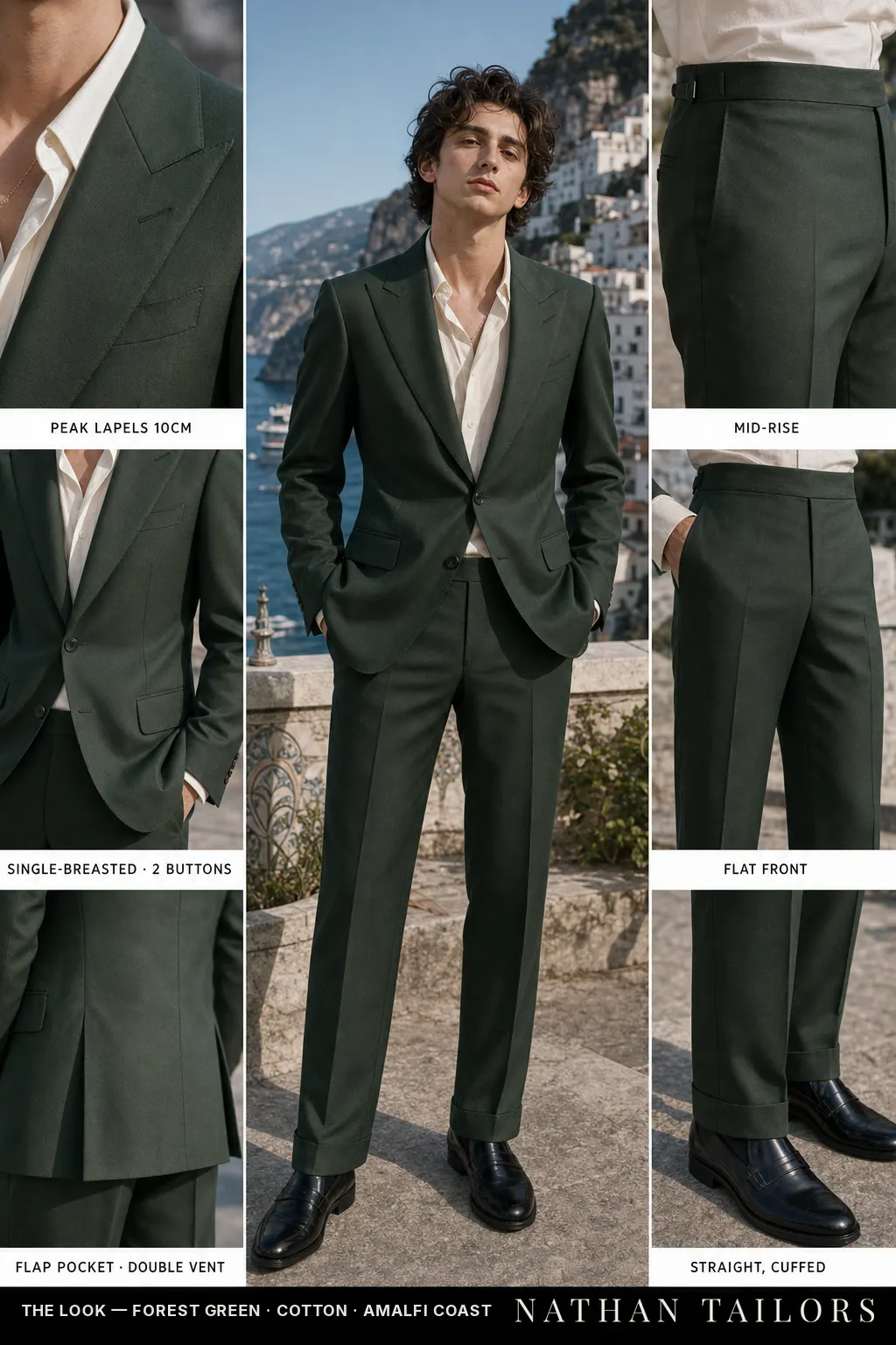 forest green single-breasted peak-lapel bespoke suit — AI-rendered by Nathan Tailors, the Hoi An custom tailor. Available as a custom tailored suit from $149.