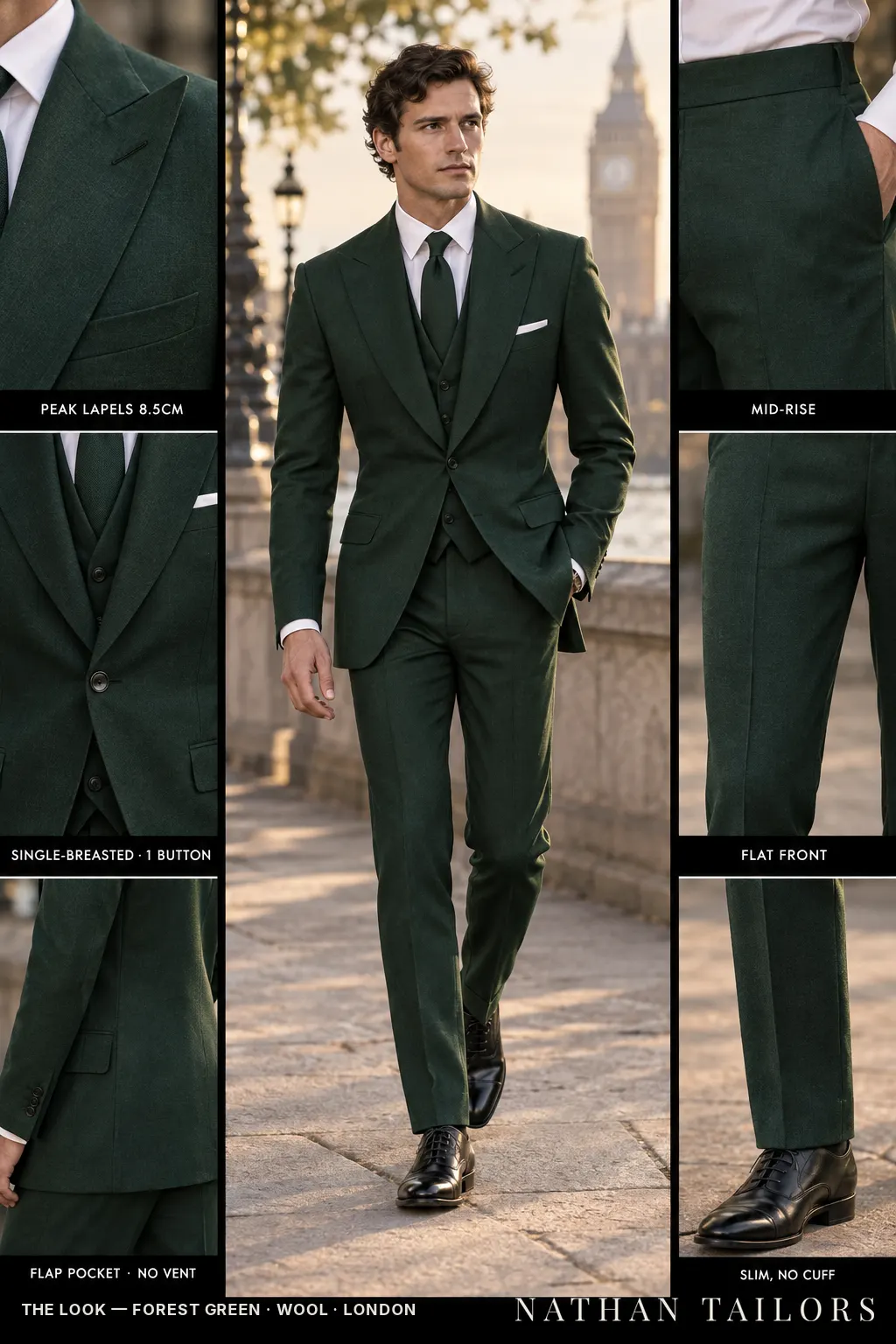 forest green single-breasted bespoke suit — custom tailored by Nathan Tailors, the Hoi An custom tailor