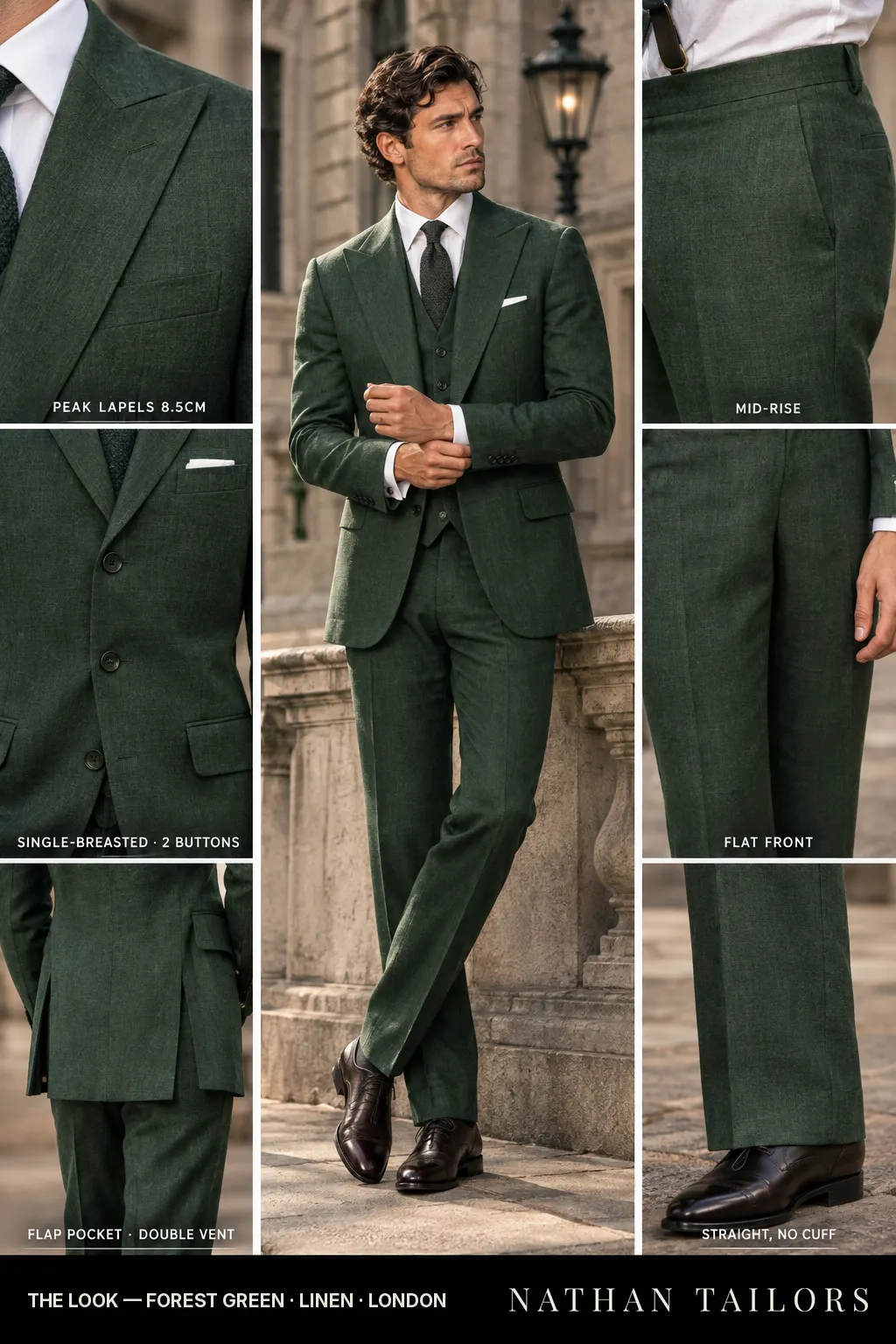 forest green single-breasted bespoke suit โ custom tailored by Nathan Tailors, the Hoi An custom tailor