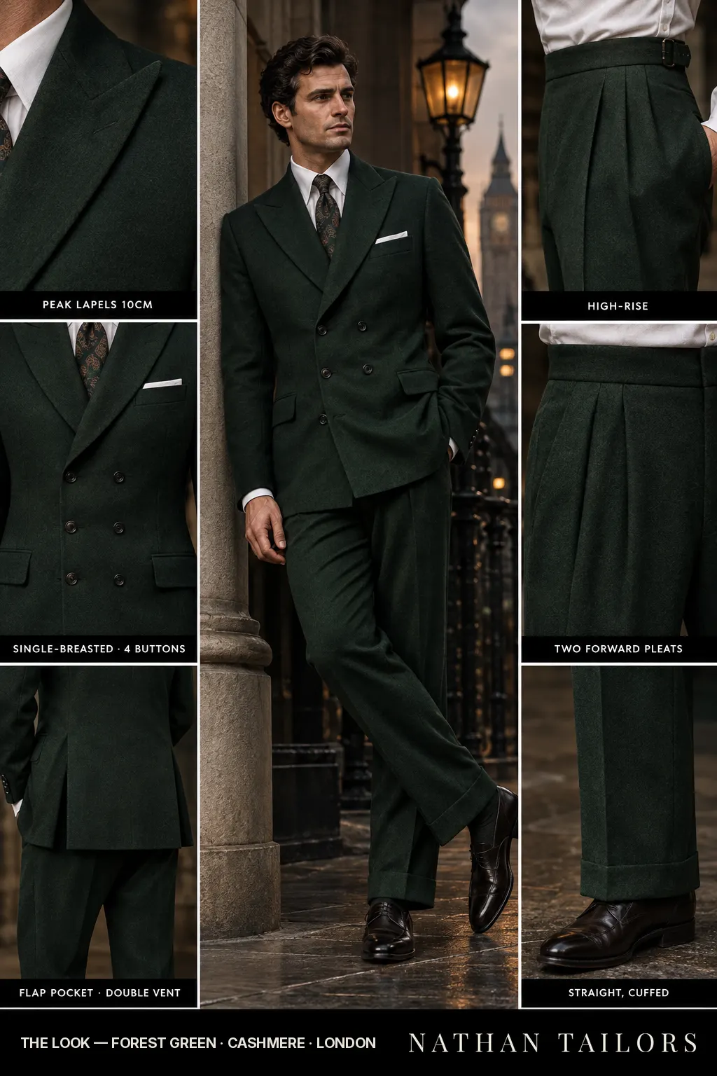 forest green single-breasted bespoke suit โ custom tailored by Nathan Tailors, the Hoi An custom tailor