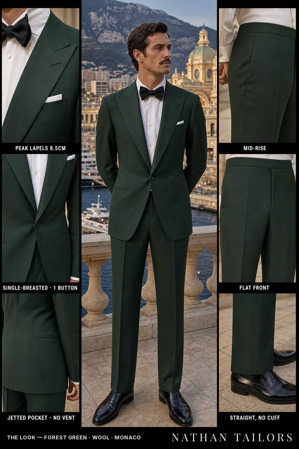 forest green single-breasted peak-lapel bespoke suit — AI-rendered by Nathan Tailors, the Hoi An custom tailor. Available as a custom tailored suit from $149.