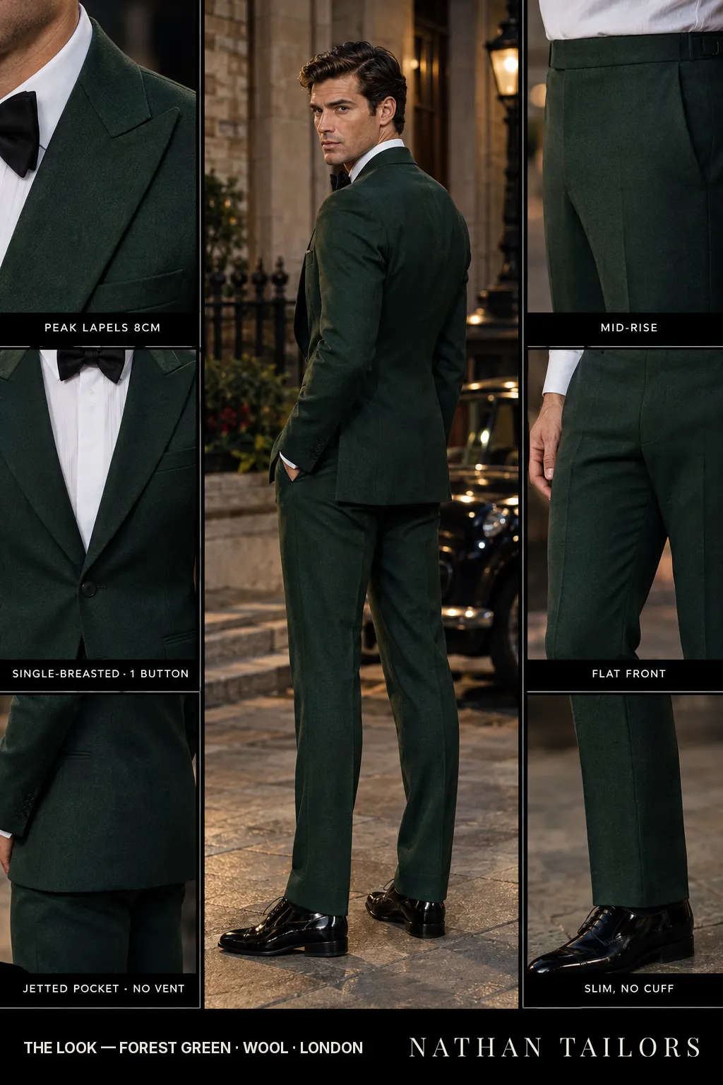 forest green single-breasted bespoke suit โ custom tailored by Nathan Tailors, the Hoi An custom tailor
