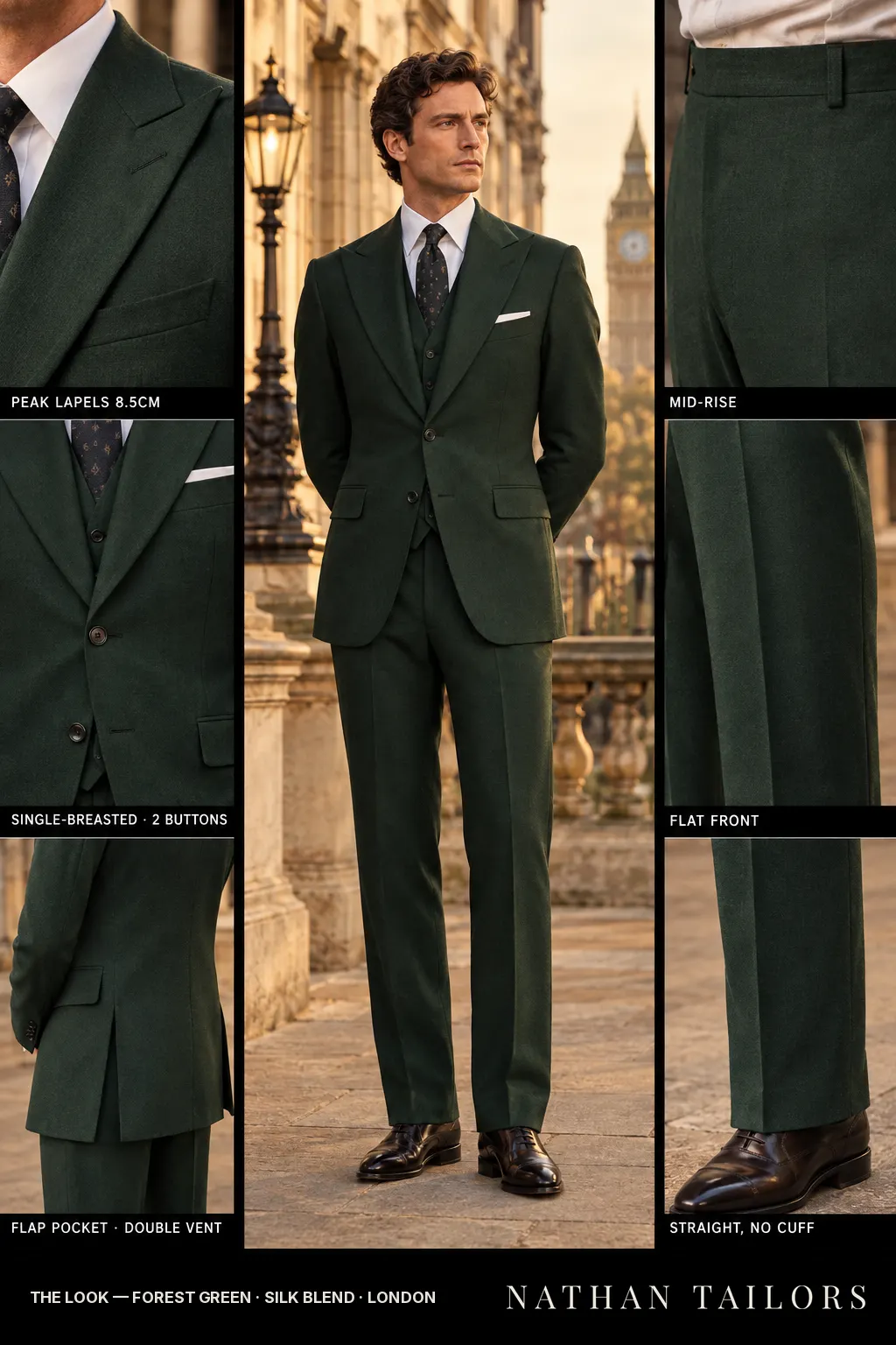 forest green single-breasted bespoke suit — custom tailored by Nathan Tailors, the Hoi An custom tailor
