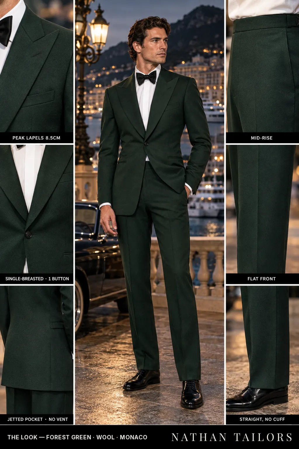 forest green single-breasted peak-lapel bespoke suit — AI-rendered by Nathan Tailors, the Hoi An custom tailor. Available as a custom tailored suit from $149.