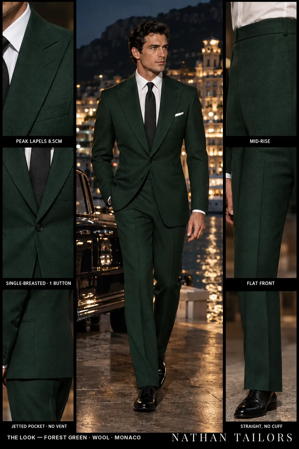 forest green single-breasted bespoke suit — custom tailored by Nathan Tailors, the Hoi An custom tailor