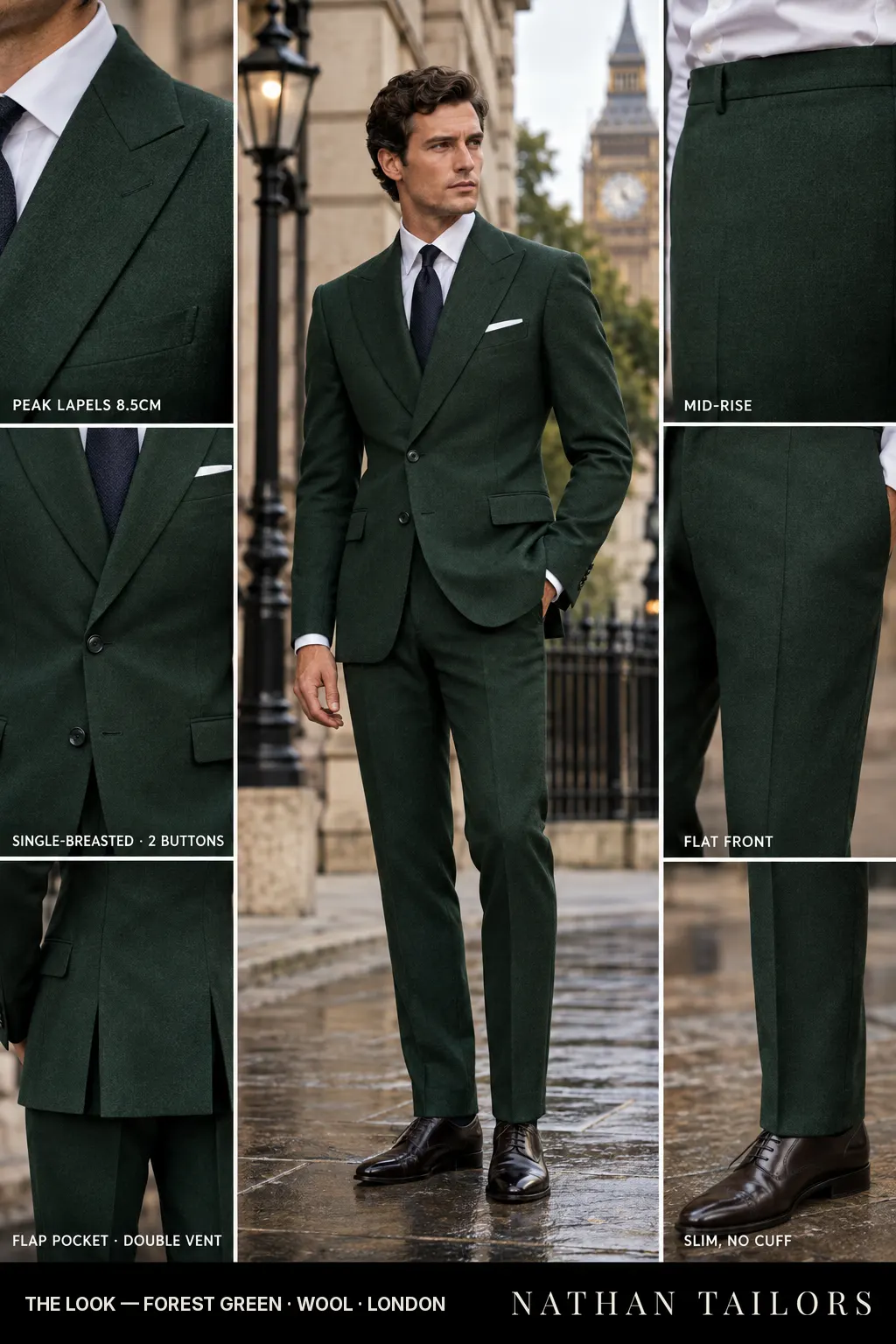forest green single-breasted bespoke suit — custom tailored by Nathan Tailors, the Hoi An custom tailor