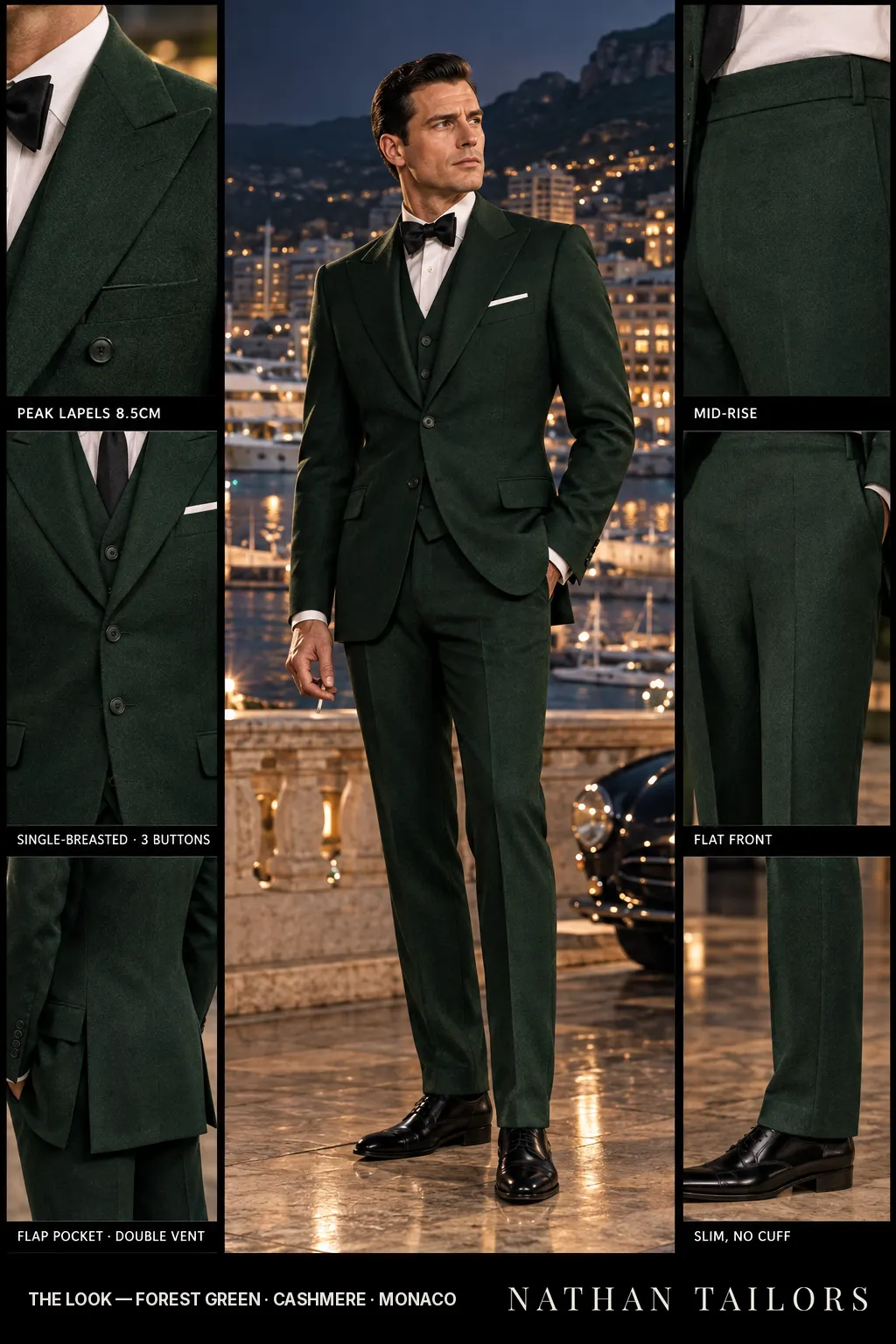 forest green single-breasted bespoke suit โ custom tailored by Nathan Tailors, the Hoi An custom tailor