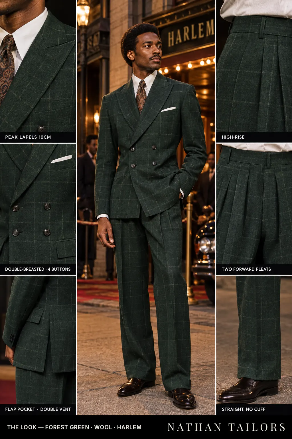 forest green windowpane double-breasted bespoke suit — custom tailored by Nathan Tailors, the Hoi An custom tailor