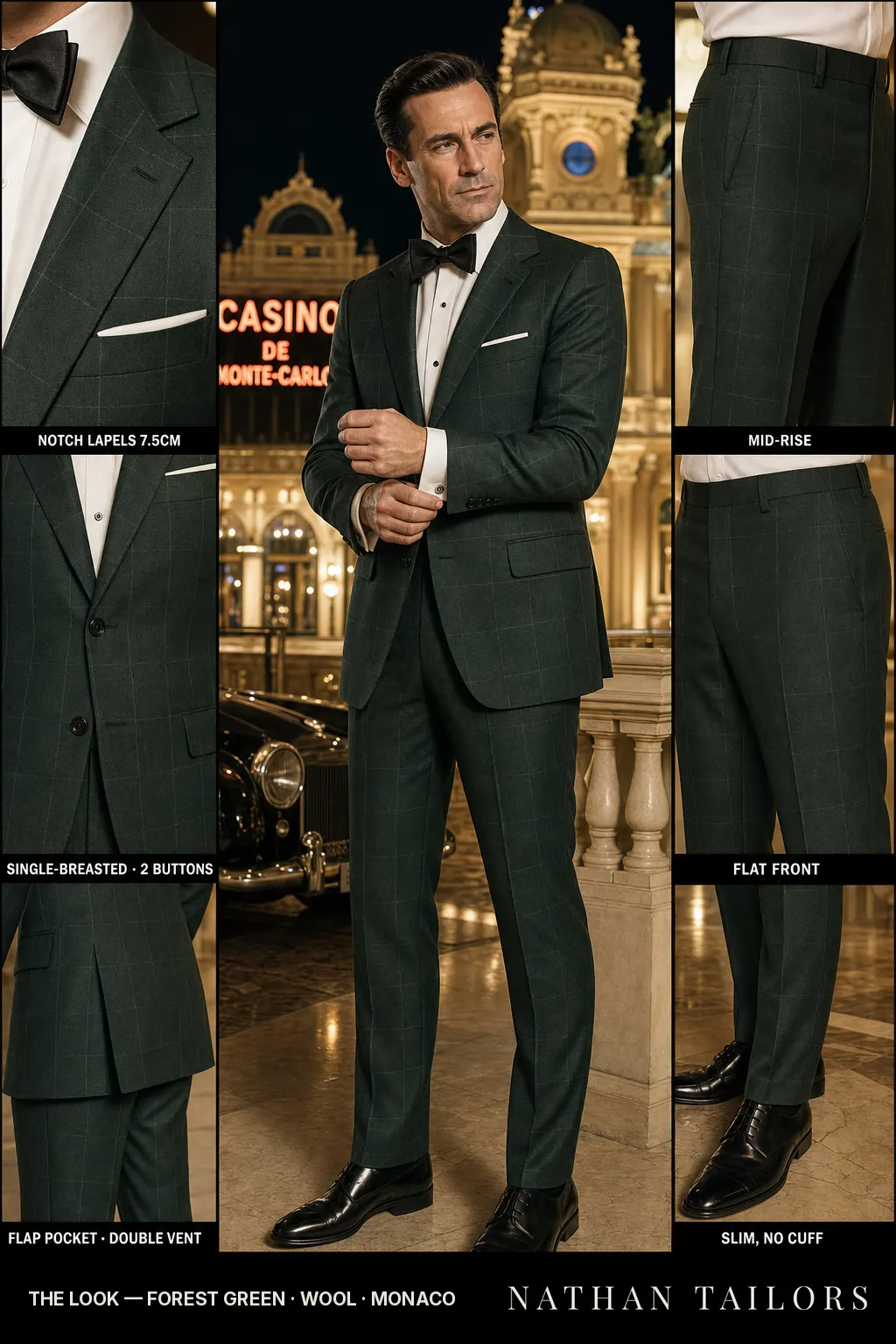 forest green windowpane single-breasted notch-lapel bespoke suit — AI-rendered by Nathan Tailors, the Hoi An custom tailor. Available as a custom tailored suit from $149.