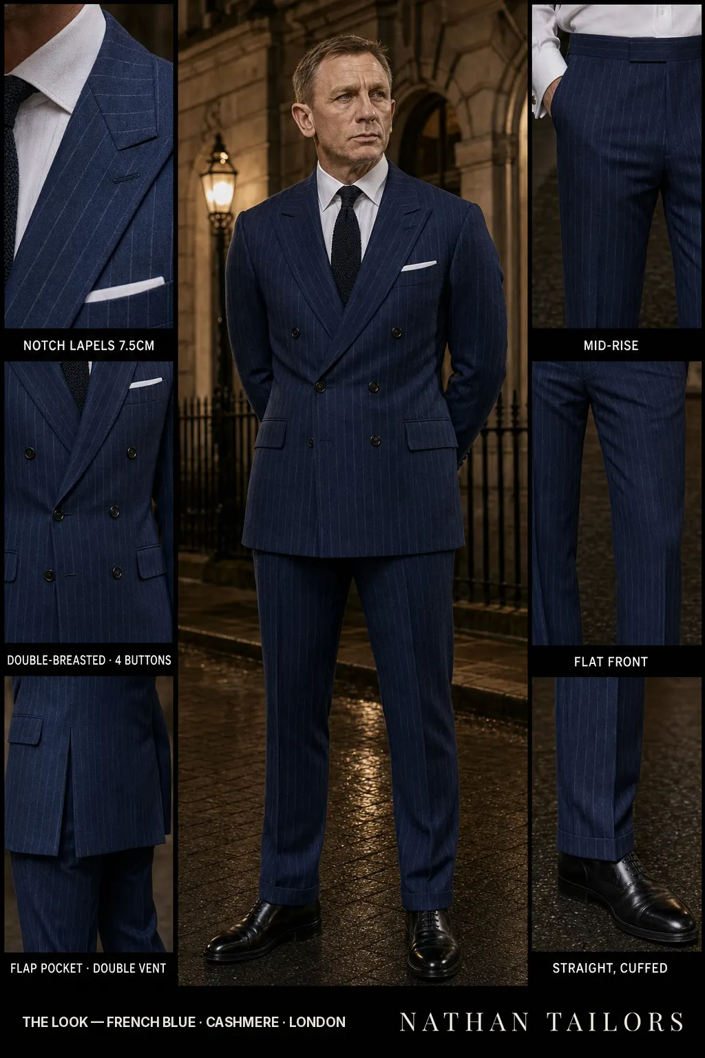 french blue chalk stripe double-breasted notch-lapel bespoke suit — AI-rendered by Nathan Tailors, the Hoi An custom tailor. Available as a custom tailored suit from $149.