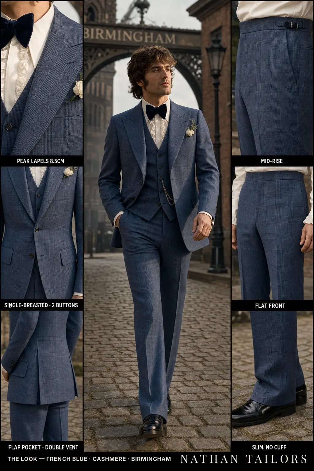 french blue glen plaid single-breasted peak-lapel bespoke suit — AI-rendered by Nathan Tailors, the Hoi An custom tailor. Available as a custom tailored suit from $149.