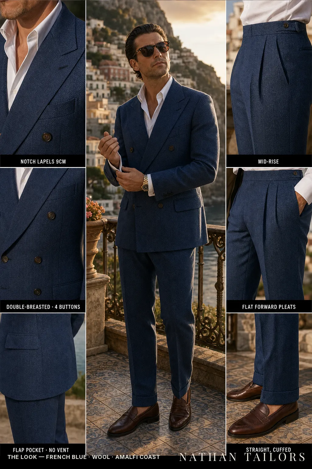 french blue herringbone double-breasted notch-lapel bespoke suit โ AI-rendered by Nathan Tailors, the Hoi An custom tailor. Available as a custom tailored suit from $149.
