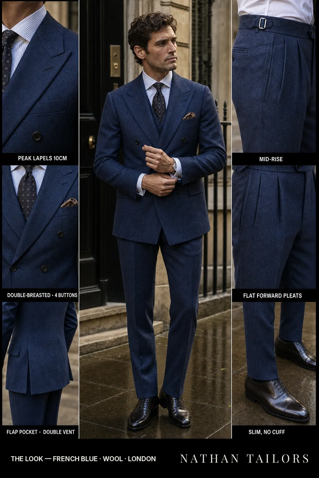 french blue herringbone double-breasted peak-lapel bespoke suit — AI-rendered by Nathan Tailors, the Hoi An custom tailor. Available as a custom tailored suit from $149.