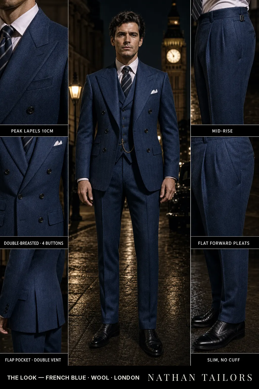 french blue herringbone double-breasted peak-lapel bespoke suit — AI-rendered by Nathan Tailors, the Hoi An custom tailor. Available as a custom tailored suit from $149.