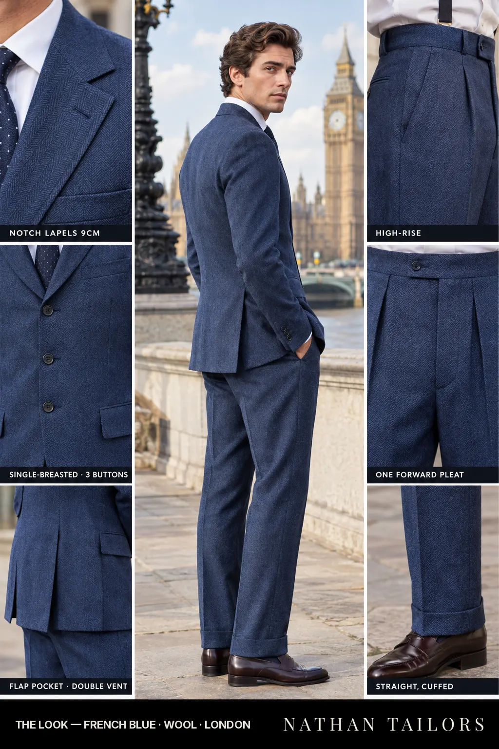 french blue herringbone single-breasted notch-lapel bespoke suit — AI-rendered by Nathan Tailors, the Hoi An custom tailor. Available as a custom tailored suit from $149.
