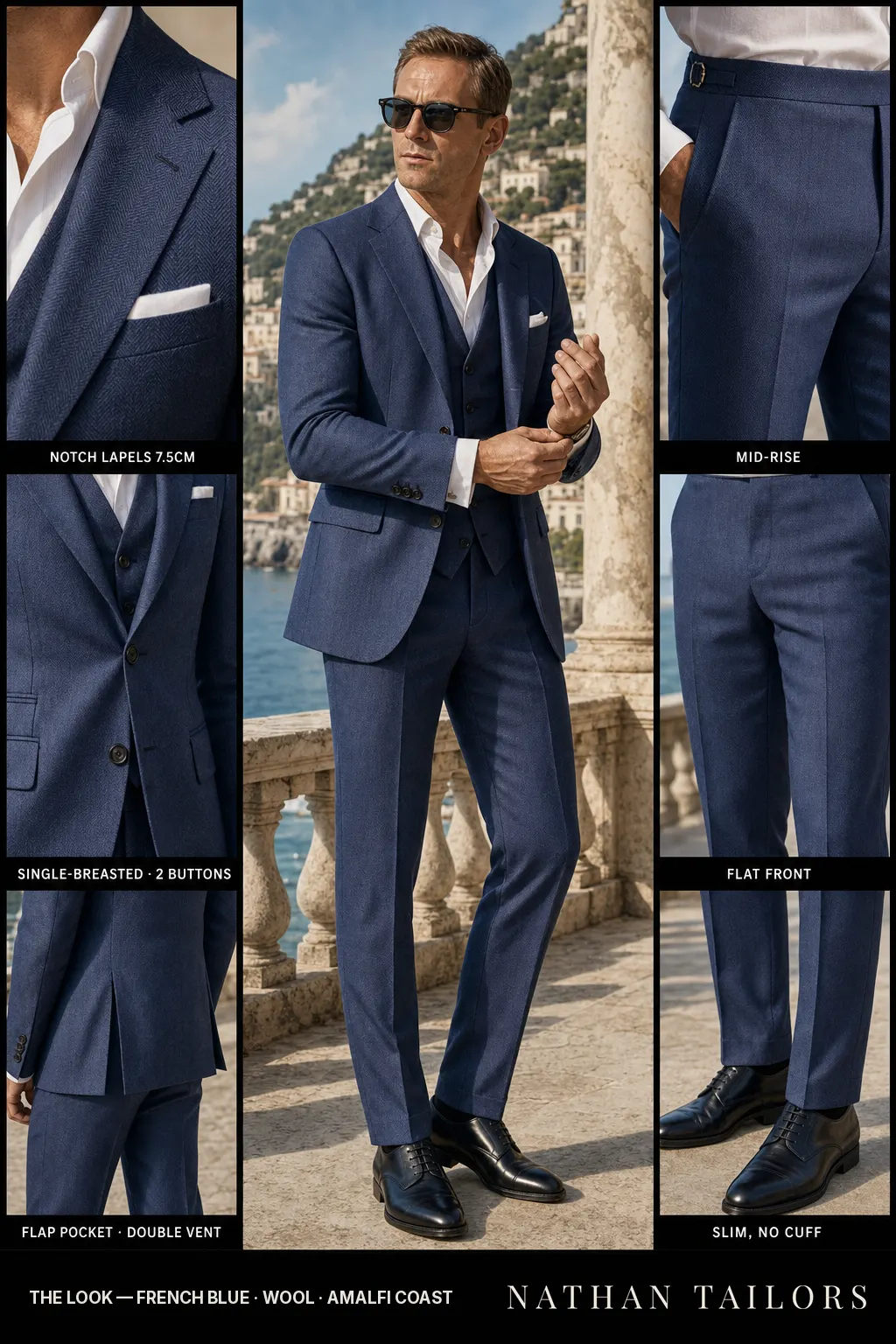 french blue herringbone single-breasted notch-lapel bespoke suit โ AI-rendered by Nathan Tailors, the Hoi An custom tailor. Available as a custom tailored suit from $149.