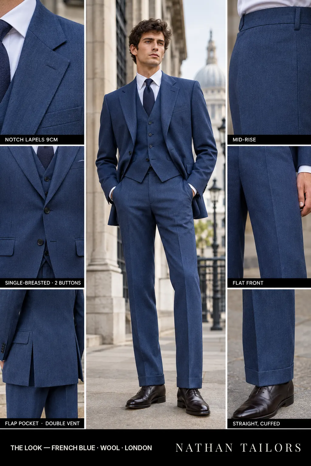 french blue herringbone single-breasted bespoke suit โ custom tailored by Nathan Tailors, the Hoi An custom tailor