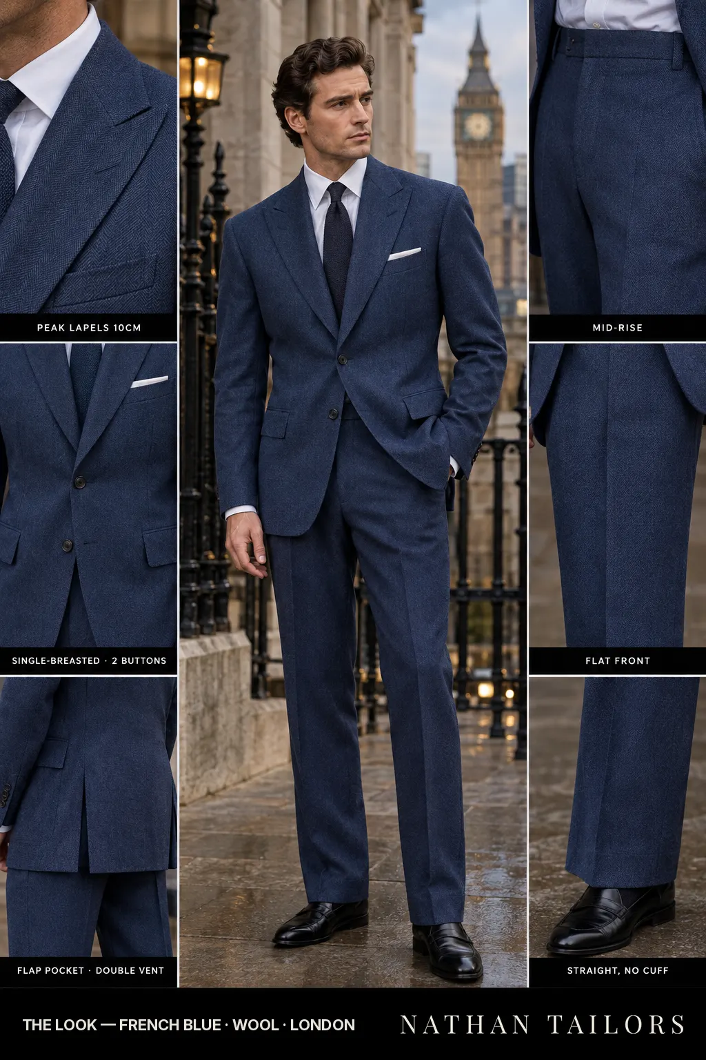 french blue herringbone single-breasted peak-lapel bespoke suit — AI-rendered by Nathan Tailors, the Hoi An custom tailor. Available as a custom tailored suit from $149.