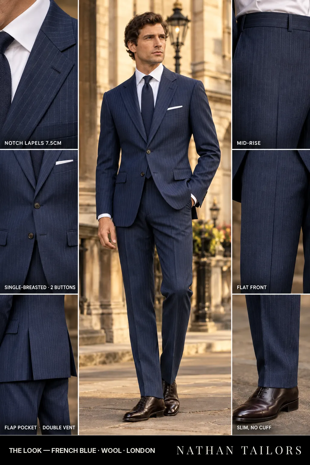 french blue pinstripe single-breasted bespoke suit โ custom tailored by Nathan Tailors, the Hoi An custom tailor