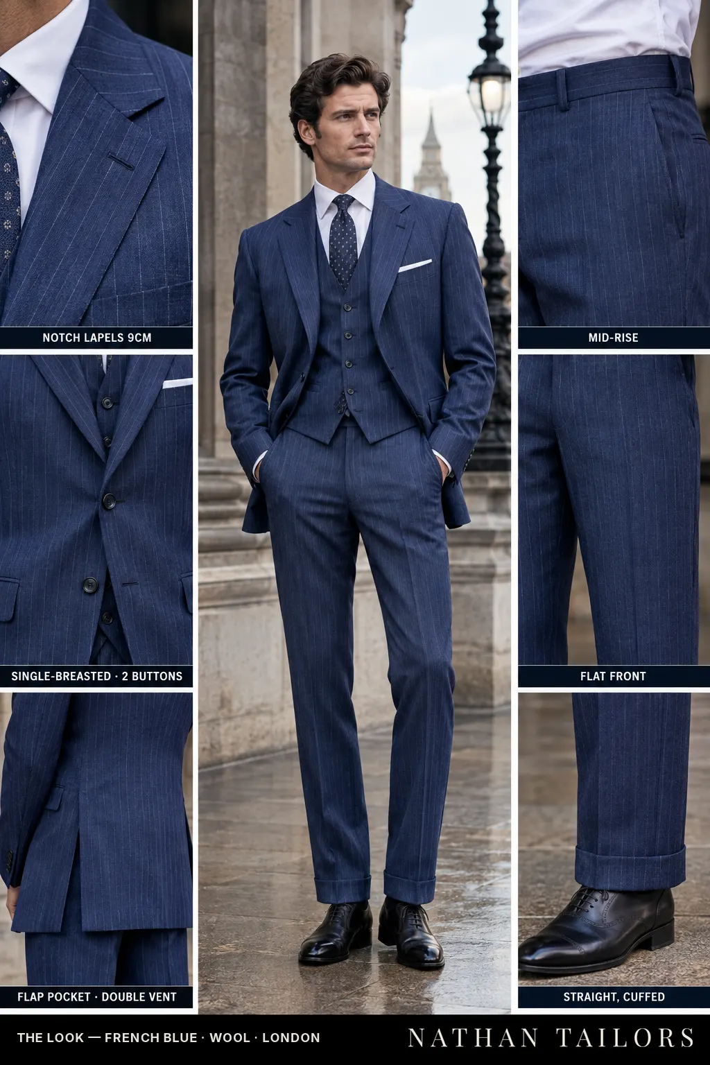 french blue pinstripe single-breasted bespoke suit โ custom tailored by Nathan Tailors, the Hoi An custom tailor