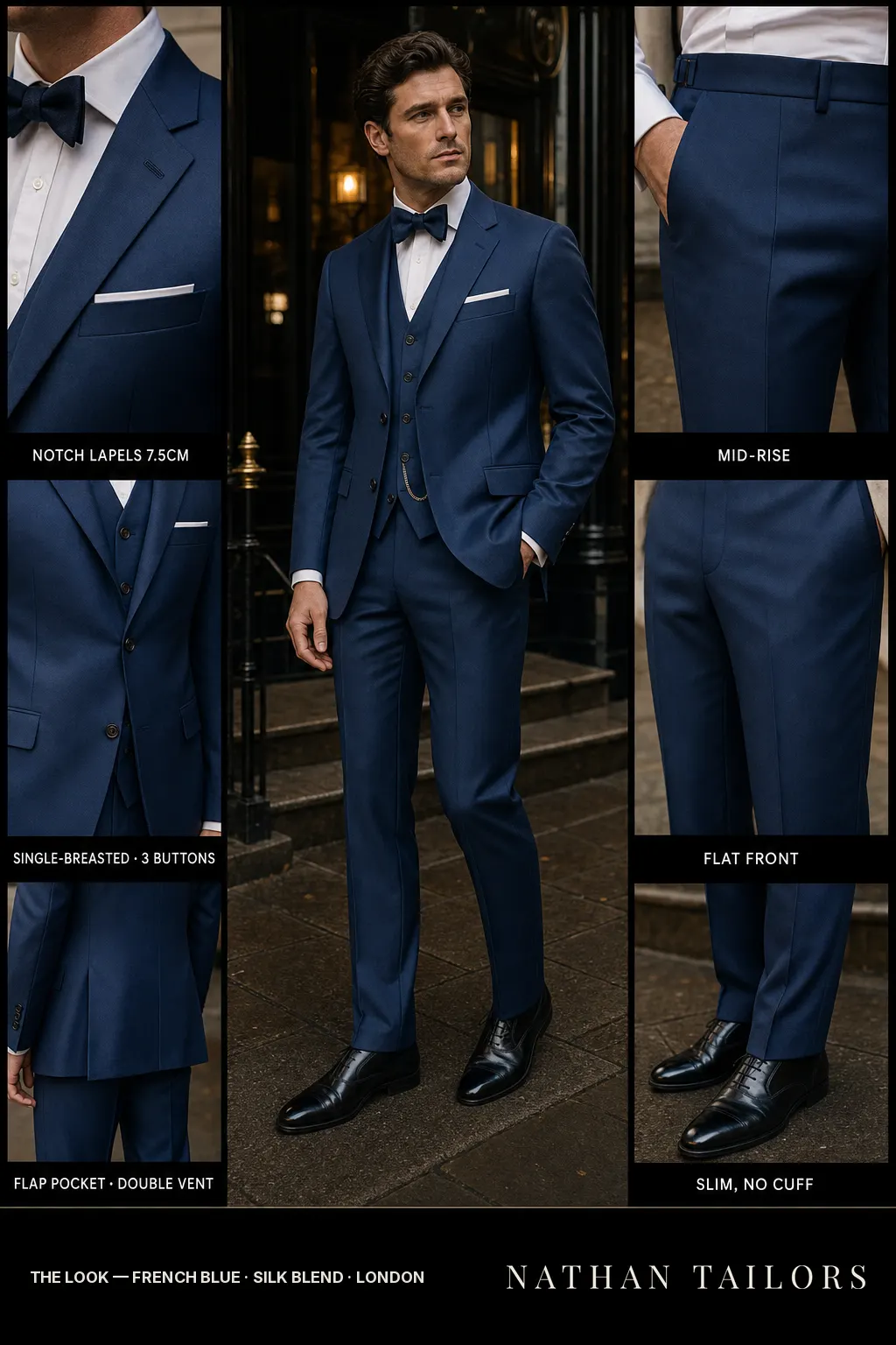 french blue single-breasted notch-lapel bespoke suit — AI-rendered by Nathan Tailors, the Hoi An custom tailor. Available as a custom tailored suit from $149.