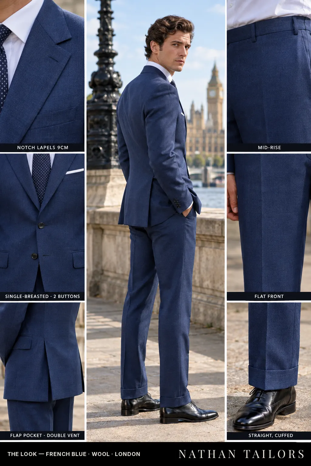 french blue single-breasted bespoke suit โ custom tailored by Nathan Tailors, the Hoi An custom tailor