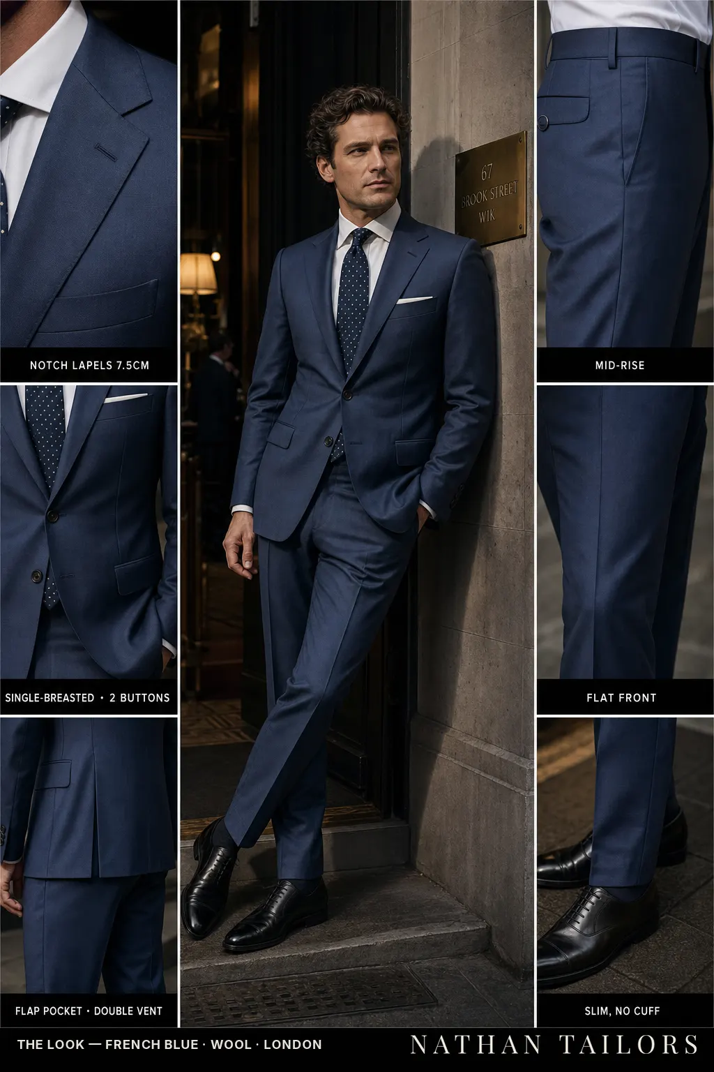 french blue single-breasted notch-lapel bespoke suit — AI-rendered by Nathan Tailors, the Hoi An custom tailor. Available as a custom tailored suit from $149.