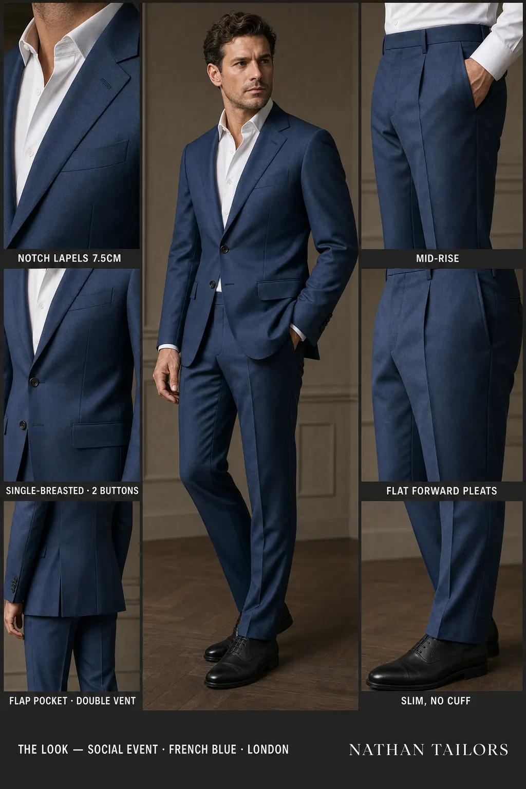french blue single-breasted notch-lapel bespoke suit — AI-rendered by Nathan Tailors, the Hoi An custom tailor. Available as a custom tailored suit from $149.