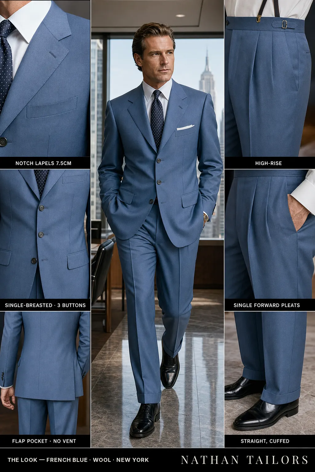 french blue single-breasted notch-lapel bespoke suit โ AI-rendered by Nathan Tailors, the Hoi An custom tailor. Available as a custom tailored suit from $149.
