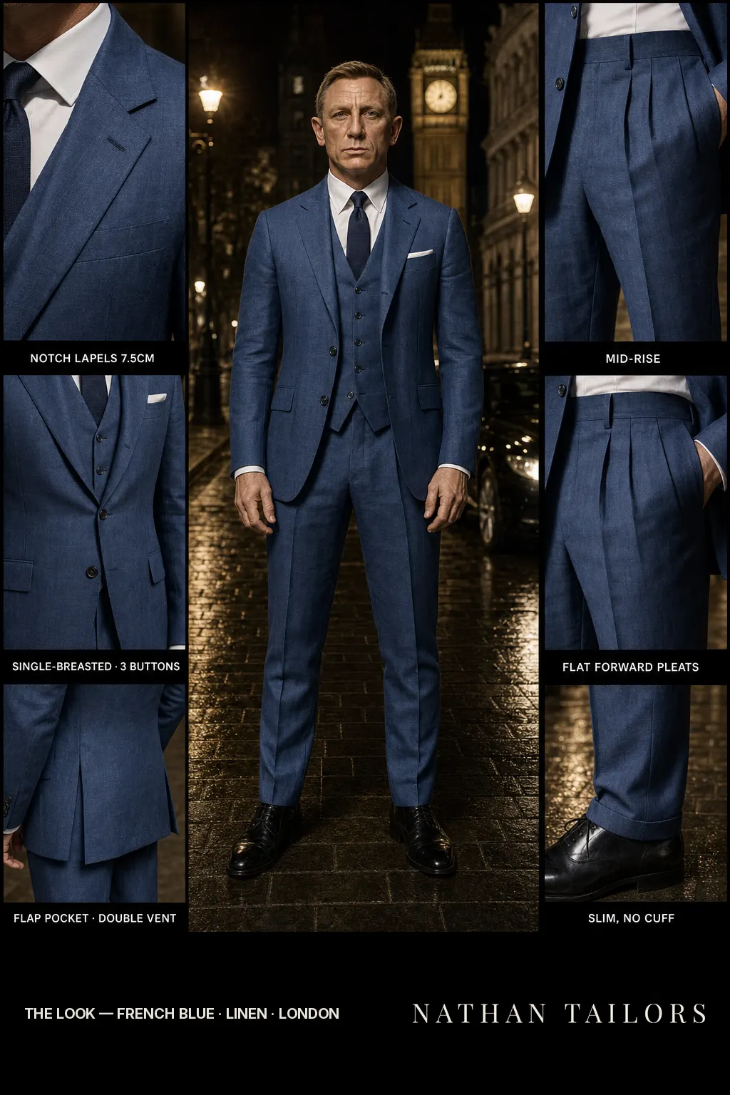 french blue single-breasted notch-lapel bespoke suit — AI-rendered by Nathan Tailors, the Hoi An custom tailor. Available as a custom tailored suit from $149.