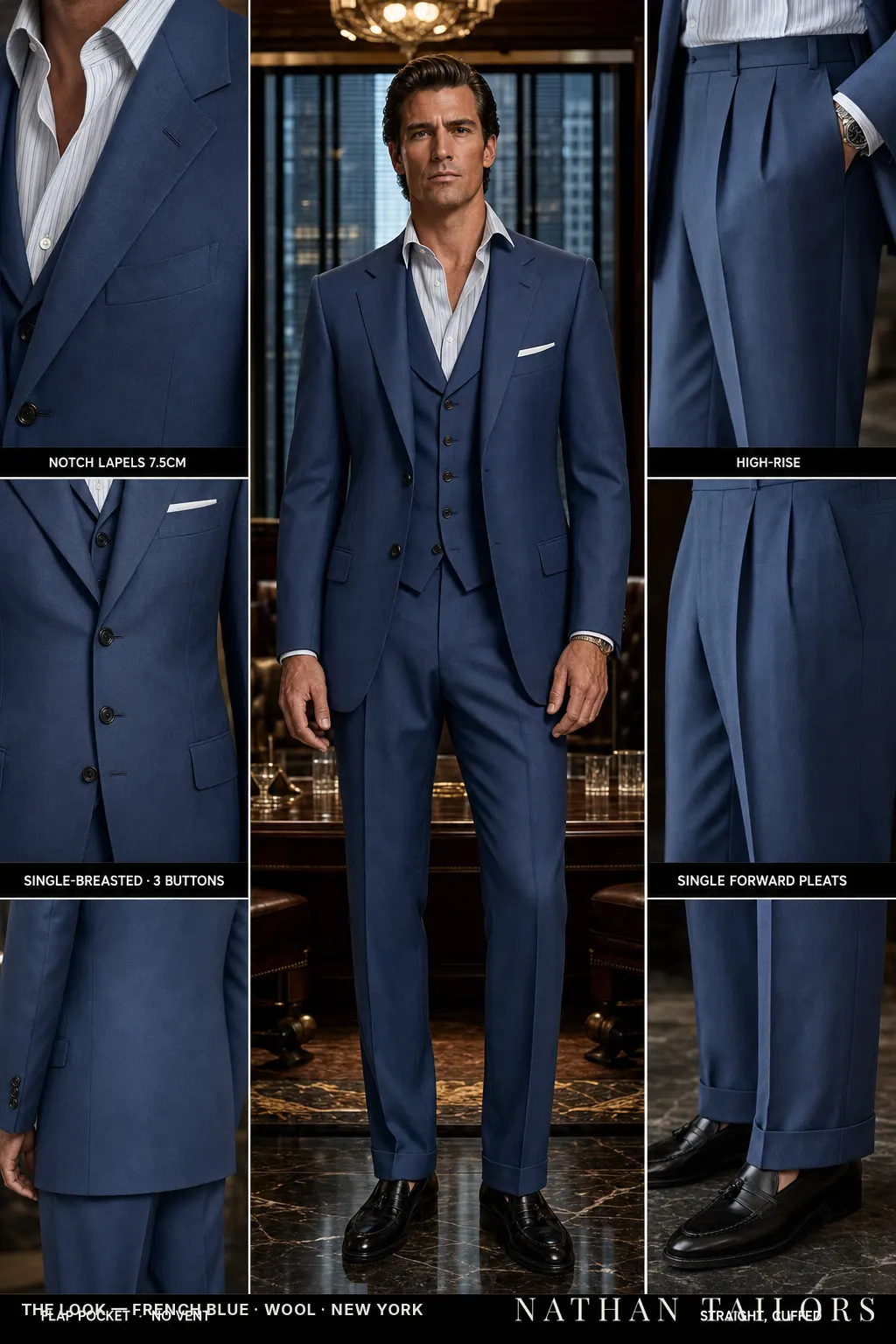 french blue single-breasted notch-lapel bespoke suit — AI-rendered by Nathan Tailors, the Hoi An custom tailor. Available as a custom tailored suit from $149.