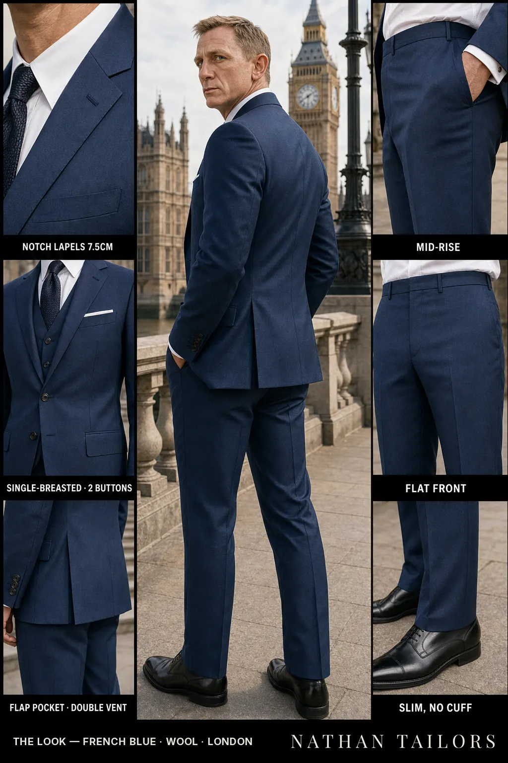 french blue single-breasted notch-lapel bespoke suit — AI-rendered by Nathan Tailors, the Hoi An custom tailor. Available as a custom tailored suit from $169.