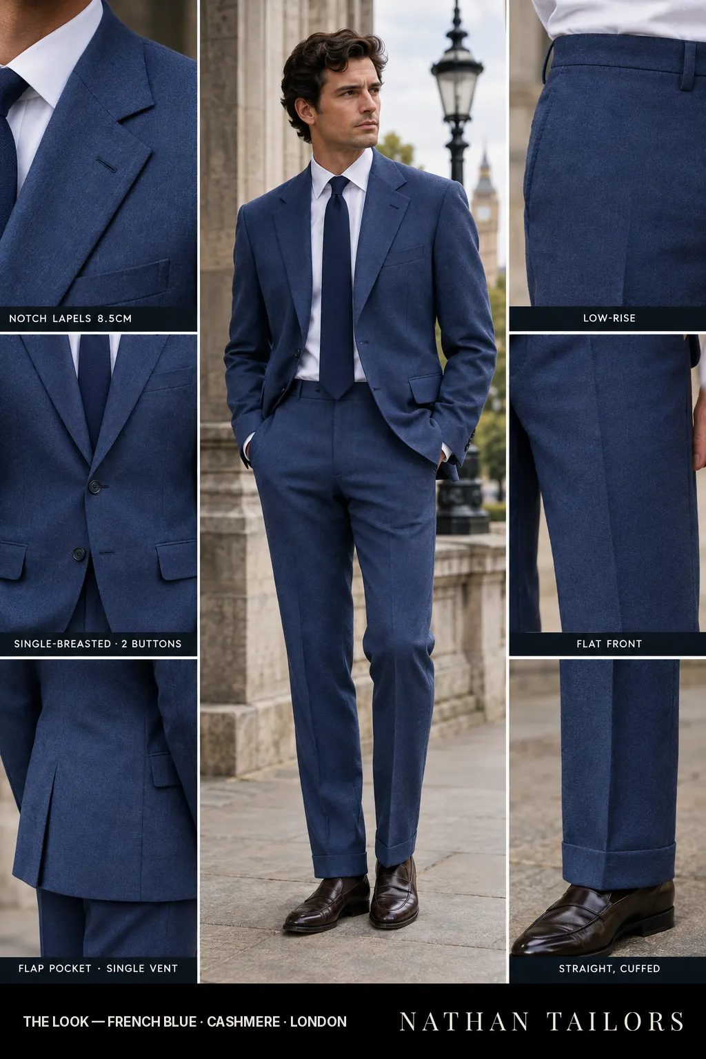 french blue single-breasted notch-lapel bespoke suit โ AI-rendered by Nathan Tailors, the Hoi An custom tailor. Available as a custom tailored suit from $149.