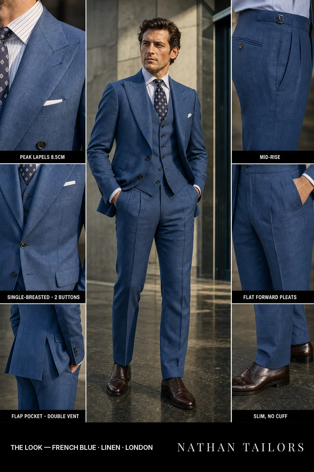 french blue single-breasted peak-lapel bespoke suit โ AI-rendered by Nathan Tailors, the Hoi An custom tailor. Available as a custom tailored suit from $149.