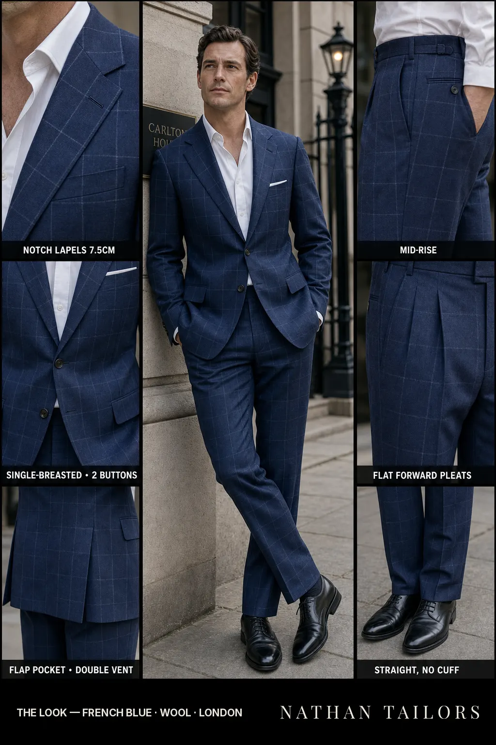 french blue windowpane single-breasted notch-lapel bespoke suit โ AI-rendered by Nathan Tailors, the Hoi An custom tailor. Available as a custom tailored suit from $149.