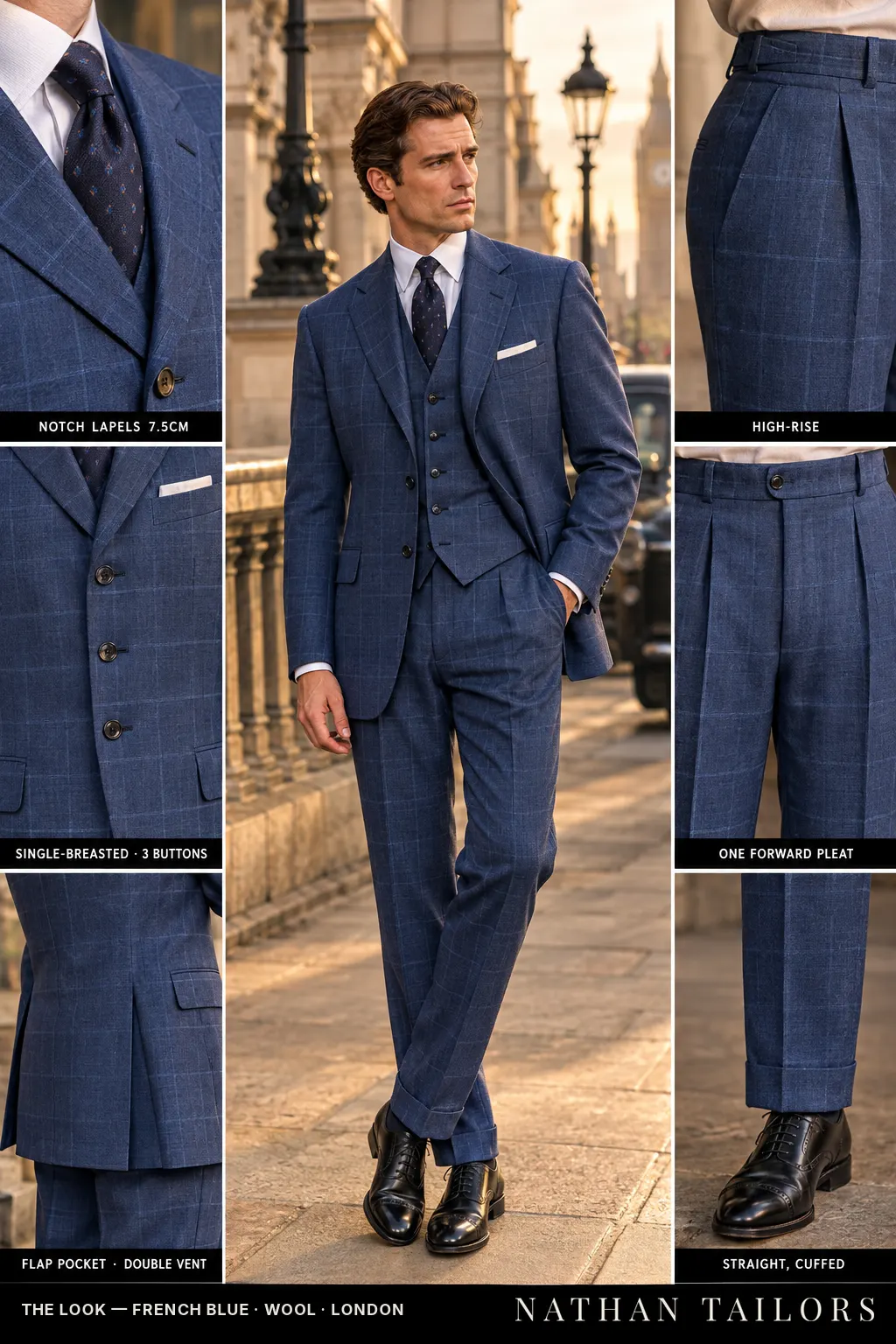 french blue windowpane single-breasted notch-lapel bespoke suit โ AI-rendered by Nathan Tailors, the Hoi An custom tailor. Available as a custom tailored suit from $149.