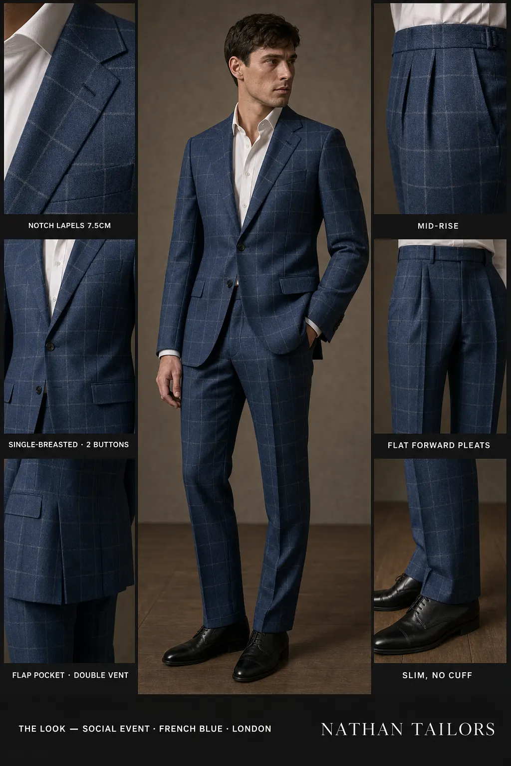 french blue windowpane single-breasted notch-lapel bespoke suit โ AI-rendered by Nathan Tailors, the Hoi An custom tailor. Available as a custom tailored suit from $149.