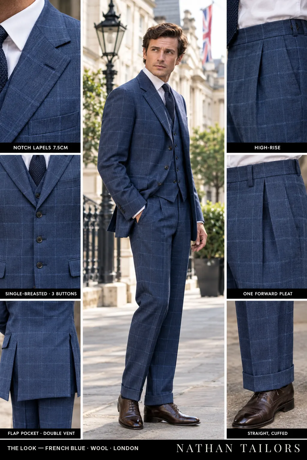 french blue windowpane single-breasted bespoke suit โ custom tailored by Nathan Tailors, the Hoi An custom tailor