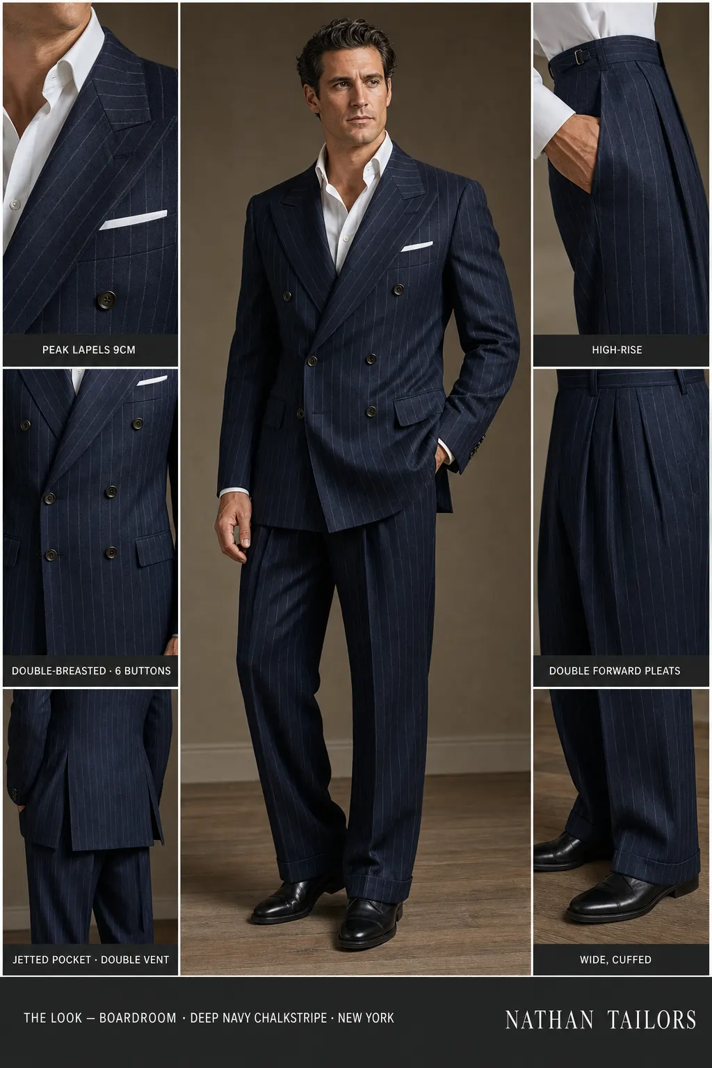 deep navy chalkstripe chalk stripe double-breasted peak-lapel bespoke suit — AI-rendered by Nathan Tailors, the Hoi An custom tailor. Available as a custom tailored suit from $149.