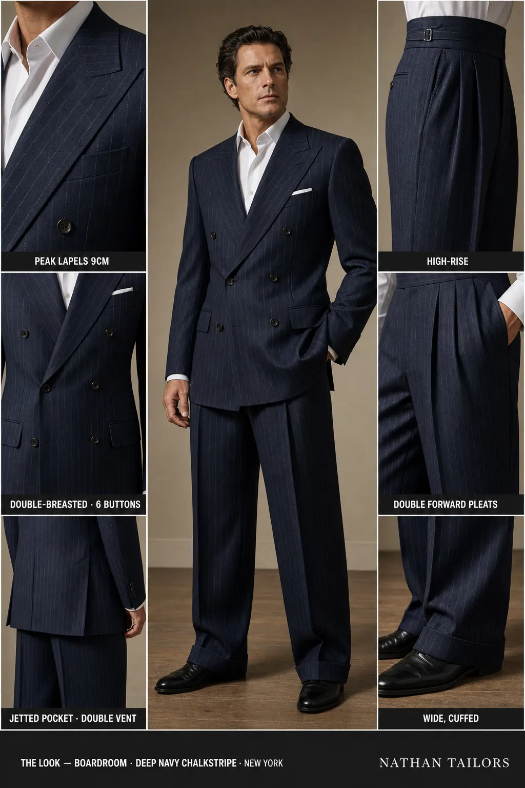 deep navy chalkstripe chalk stripe double-breasted peak-lapel bespoke suit — AI-rendered by Nathan Tailors, the Hoi An custom tailor. Available as a custom tailored suit from $149.
