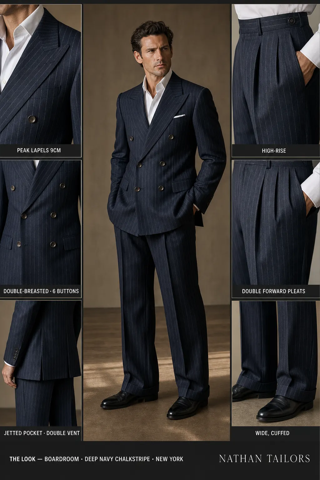 deep navy chalkstripe chalk stripe double-breasted peak-lapel bespoke suit — AI-rendered by Nathan Tailors, the Hoi An custom tailor. Available as a custom tailored suit from $149.