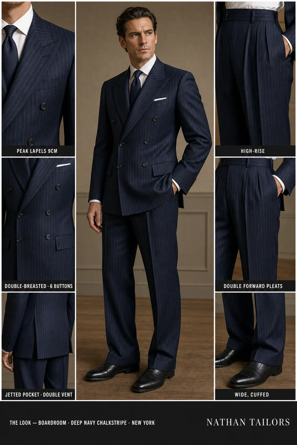 deep navy chalkstripe chalk stripe double-breasted peak-lapel bespoke suit — AI-rendered by Nathan Tailors, the Hoi An custom tailor. Available as a custom tailored suit from $149.