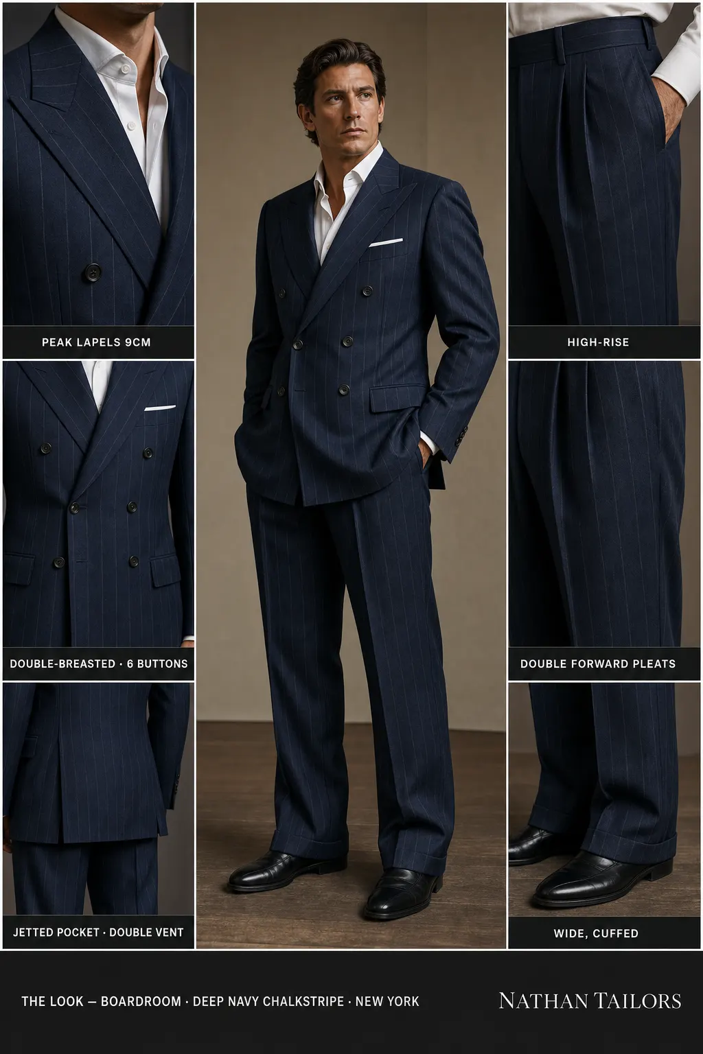 deep navy chalkstripe chalk stripe double-breasted peak-lapel bespoke suit — AI-rendered by Nathan Tailors, the Hoi An custom tailor. Available as a custom tailored suit from $149.