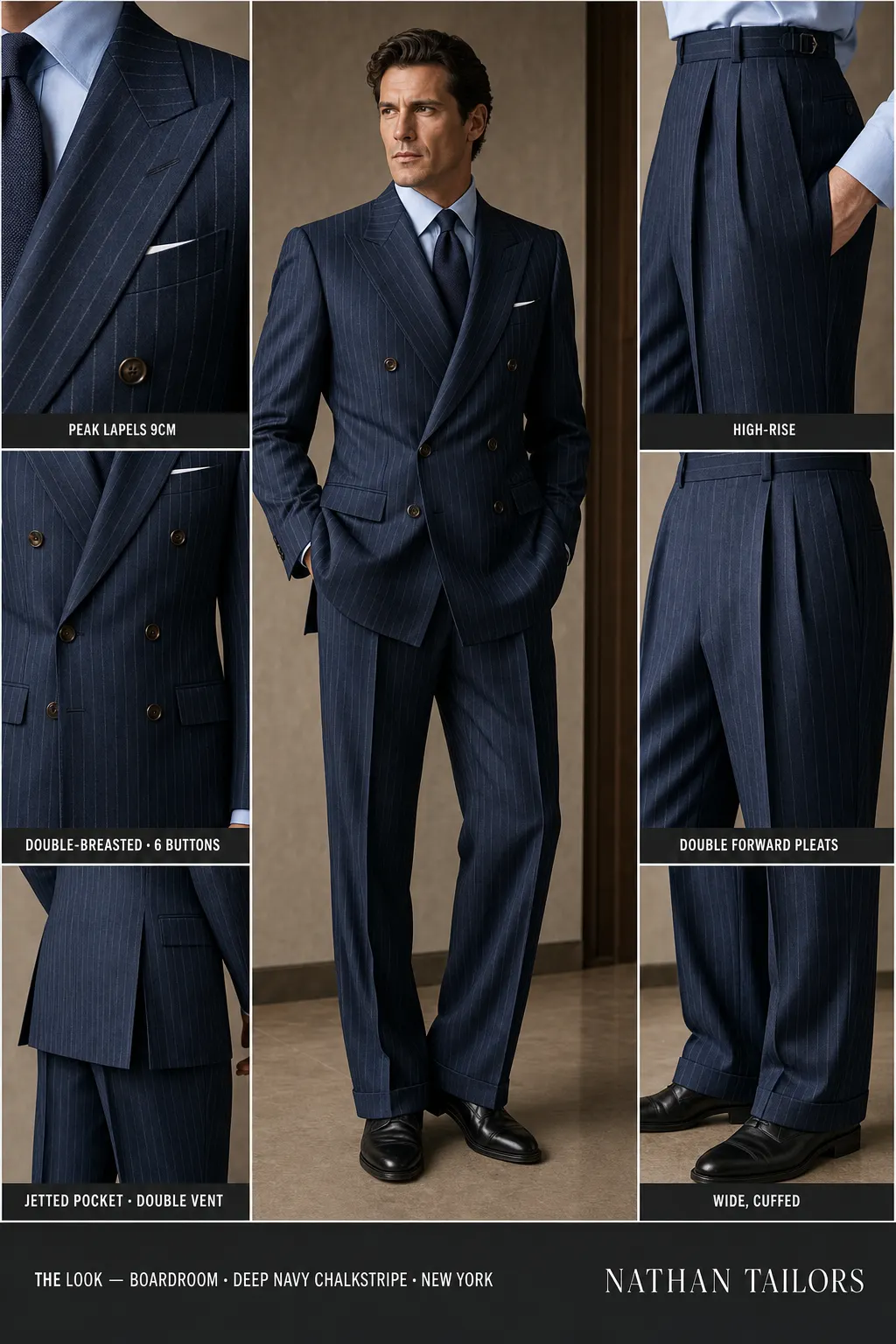 deep navy chalkstripe chalk stripe double-breasted peak-lapel bespoke suit — AI-rendered by Nathan Tailors, the Hoi An custom tailor. Available as a custom tailored suit from $149.