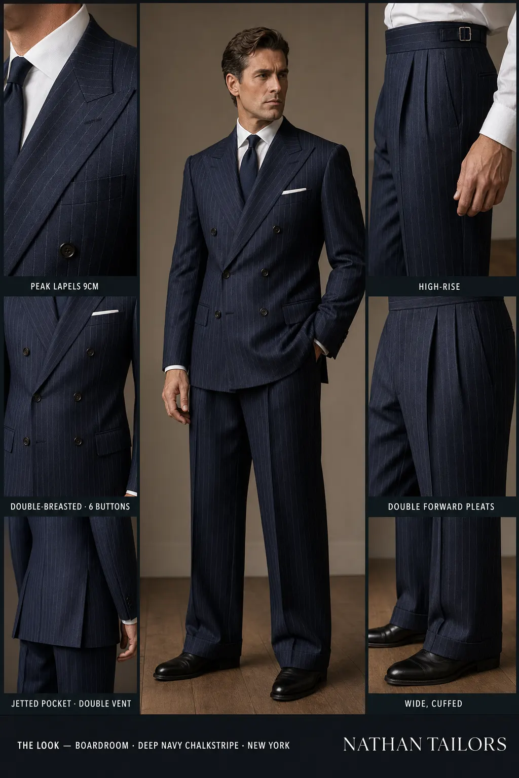 deep navy chalkstripe chalk stripe double-breasted peak-lapel bespoke suit — AI-rendered by Nathan Tailors, the Hoi An custom tailor. Available as a custom tailored suit from $149.