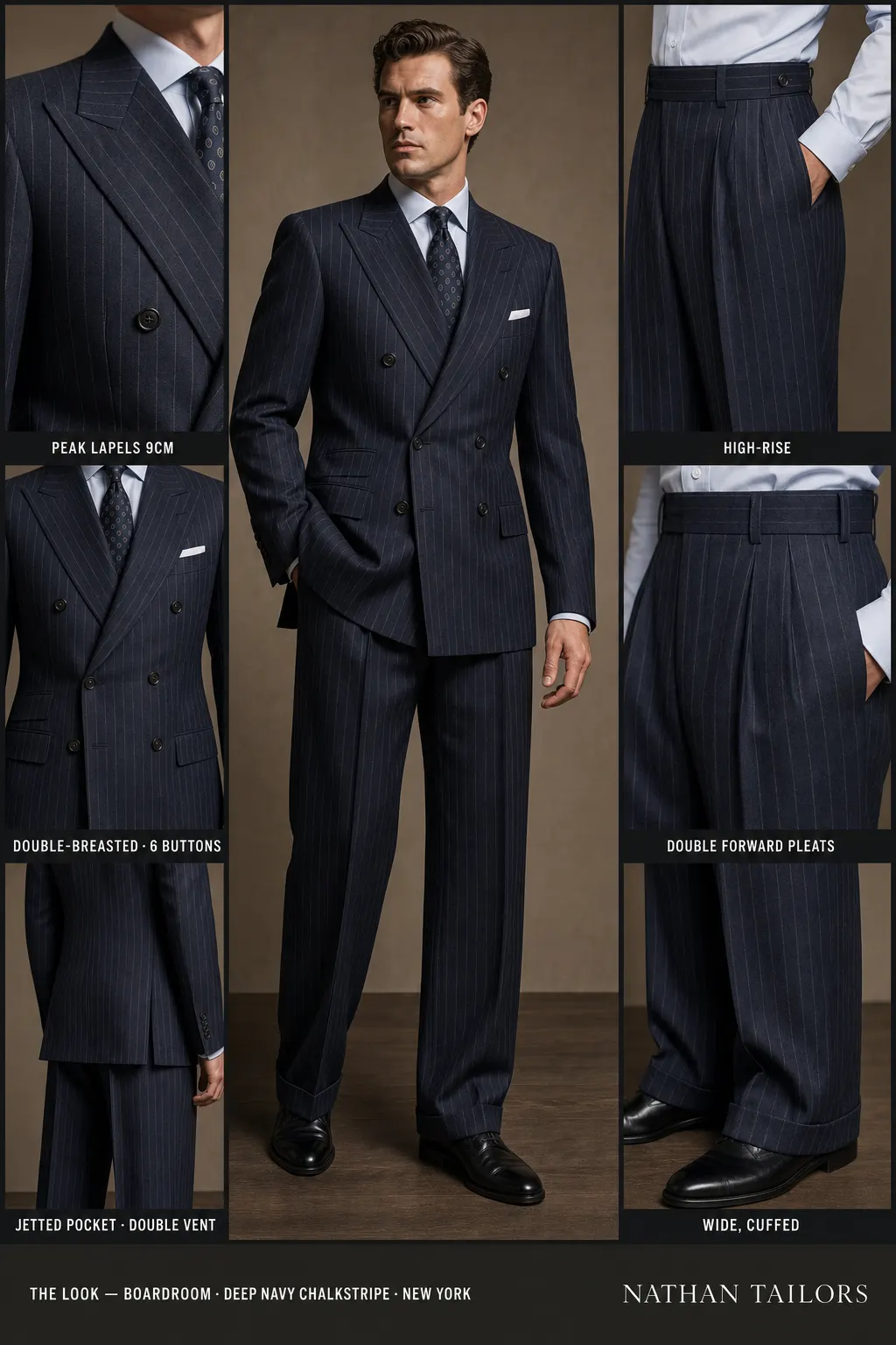 deep navy chalkstripe chalk stripe double-breasted peak-lapel bespoke suit — AI-rendered by Nathan Tailors, the Hoi An custom tailor. Available as a custom tailored suit from $149.